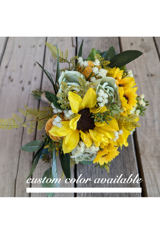 Sunflower Wedding Bouquet with Wood Flowers, Sunflower Wooden Bouquet, Bridal Flowers, Bridesmaid Bouquets