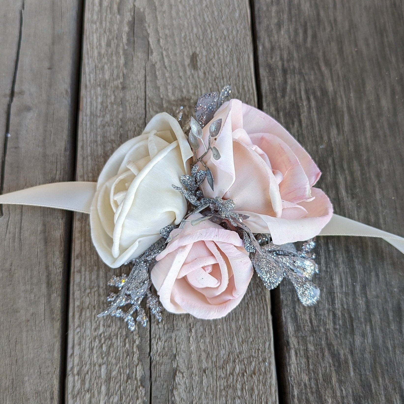 Wedding Wrist Corsage, Wood Flowers Corsage, Wooden Flowers Pinned Corsage, Sola Wood Flowers, Silver Corsage Wedding Flowers