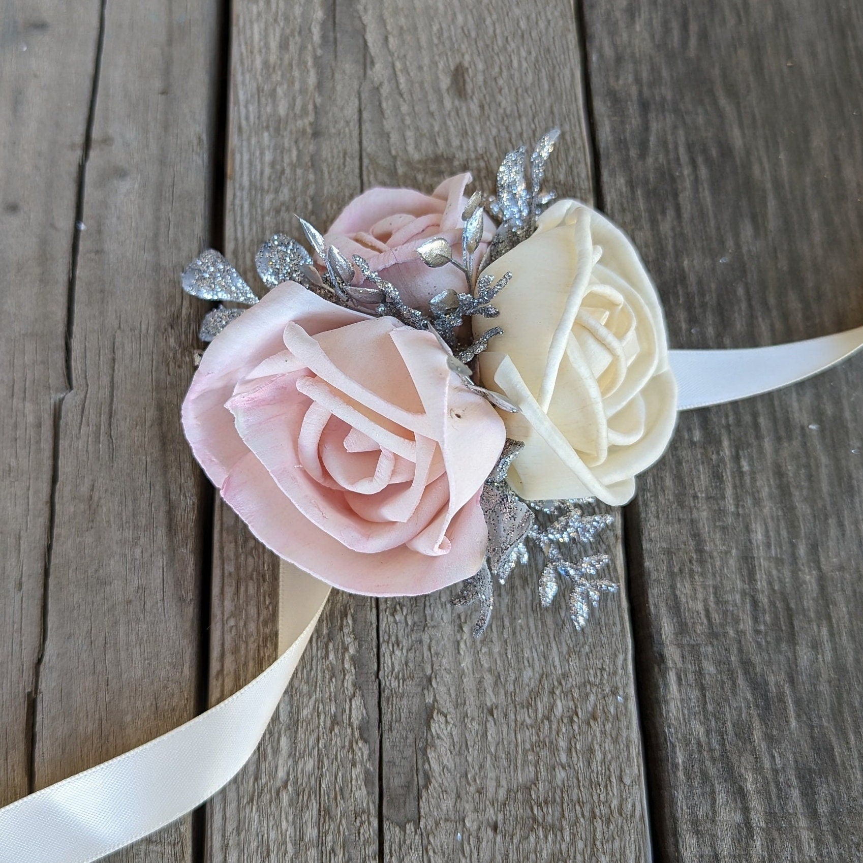 Wedding Wrist Corsage, Wood Flowers Corsage, Wooden Flowers Pinned Corsage, Sola Wood Flowers, Silver Corsage Wedding Flowers