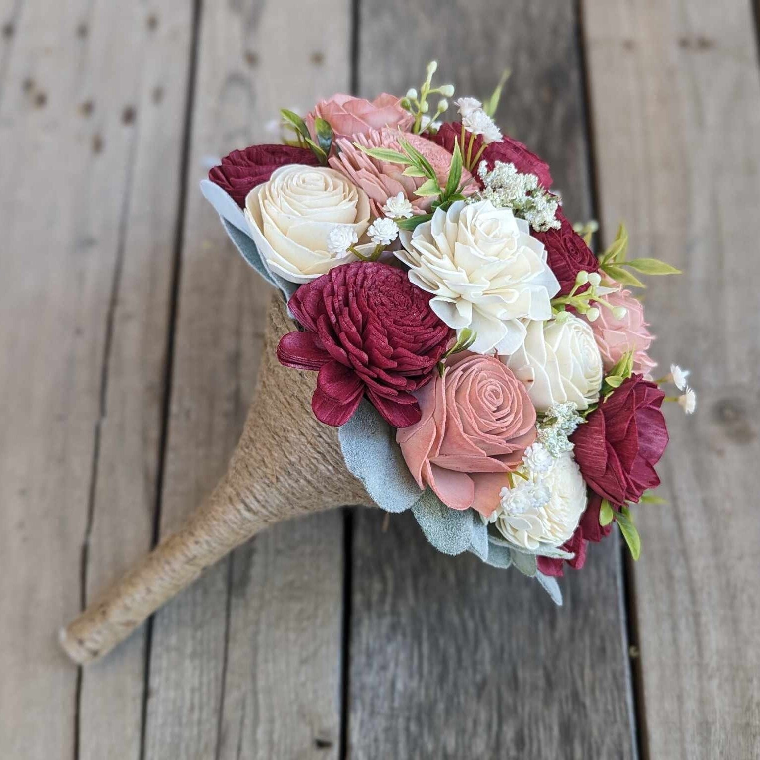 Pre-made Burgundy and Blush Wood Flower Bouquet, Burgundy Wedding Bouquet, Artificial Wooden Bridal Bouquet