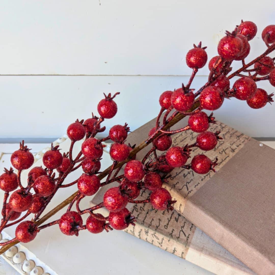 Red Glitter Berry Pods for Holiday Floral Arranging, Red Berries for Christmas Crafting and Tree, Red Glitter Filler DIY Floral Arrangement