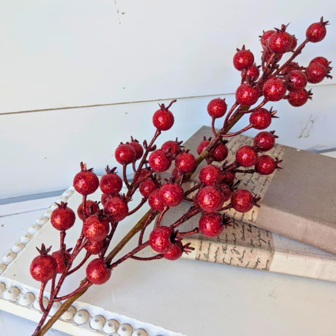 Red Glitter Berry Pods for Holiday Floral Arranging, Red Berries for Christmas Crafting and Tree, Red Glitter Filler DIY Floral Arrangement