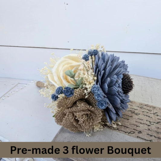 Small Wood Flower Bouquet with Slate Blue and Burlap, Toss Bouquet for Bride, Wooden Flower Girl Bouquet, Elopement Bouquet