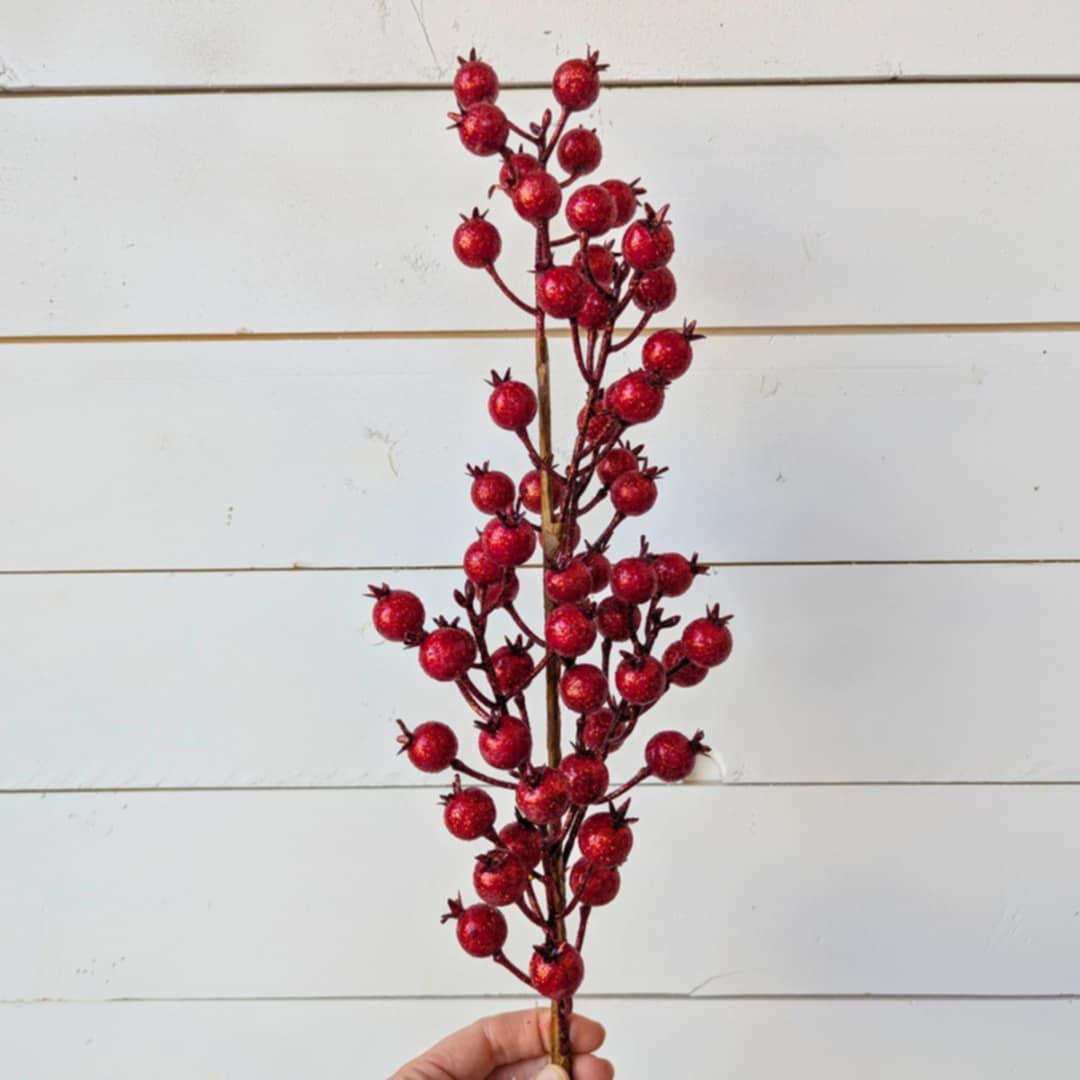 Red Glitter Berry Pods for Holiday Floral Arranging, Red Berries for Christmas Crafting and Tree, Red Glitter Filler DIY Floral Arrangement