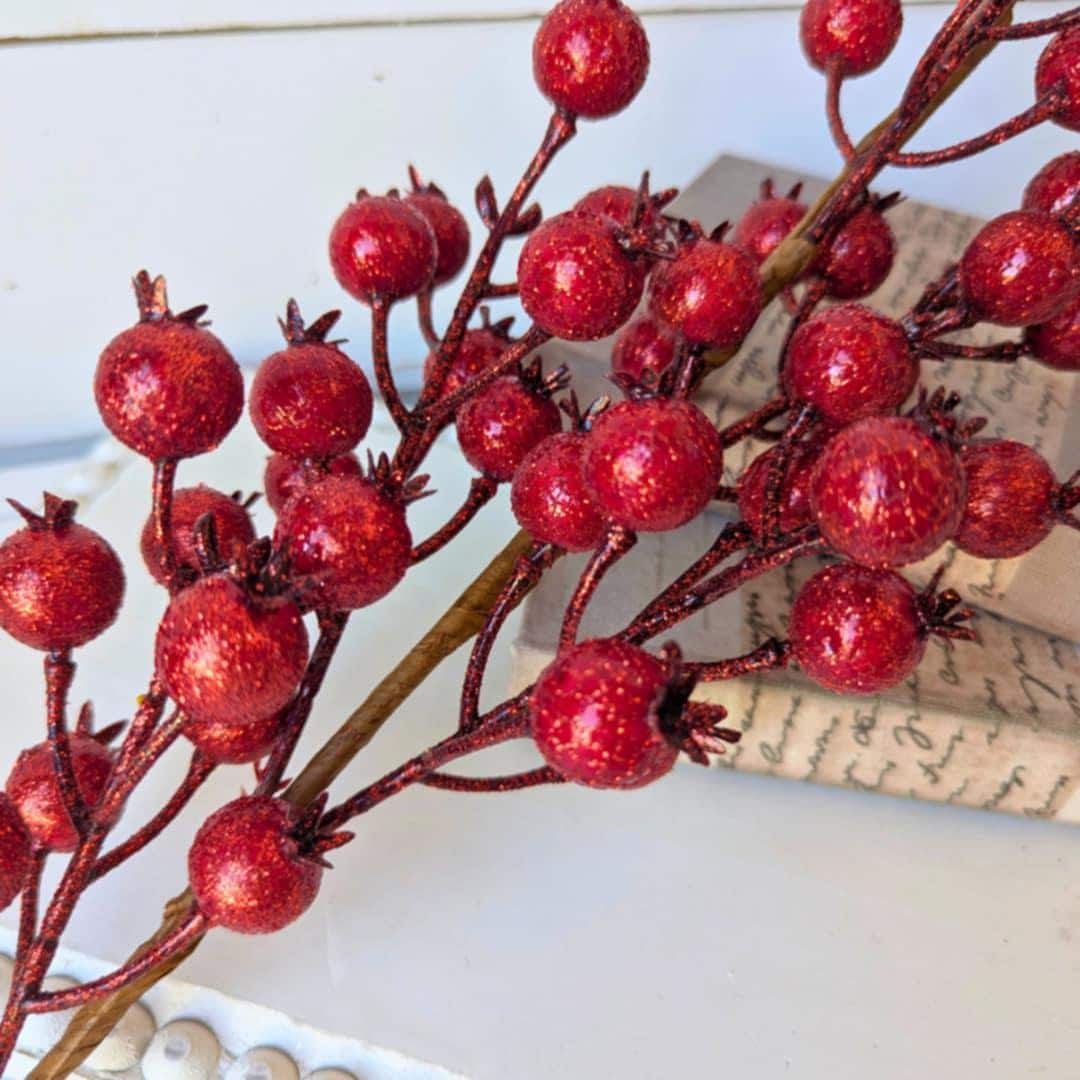 Red Glitter Berry Pods for Holiday Floral Arranging, Red Berries for Christmas Crafting and Tree, Red Glitter Filler DIY Floral Arrangement