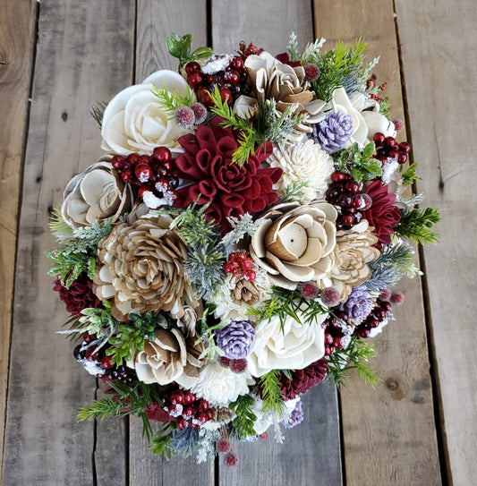 Sola Wood Flowers, Christmas Wedding Bouquet, Wood Flower Bouquet, Winter Bridal Bouquet, Burgundy Wooden Flower Bouquet