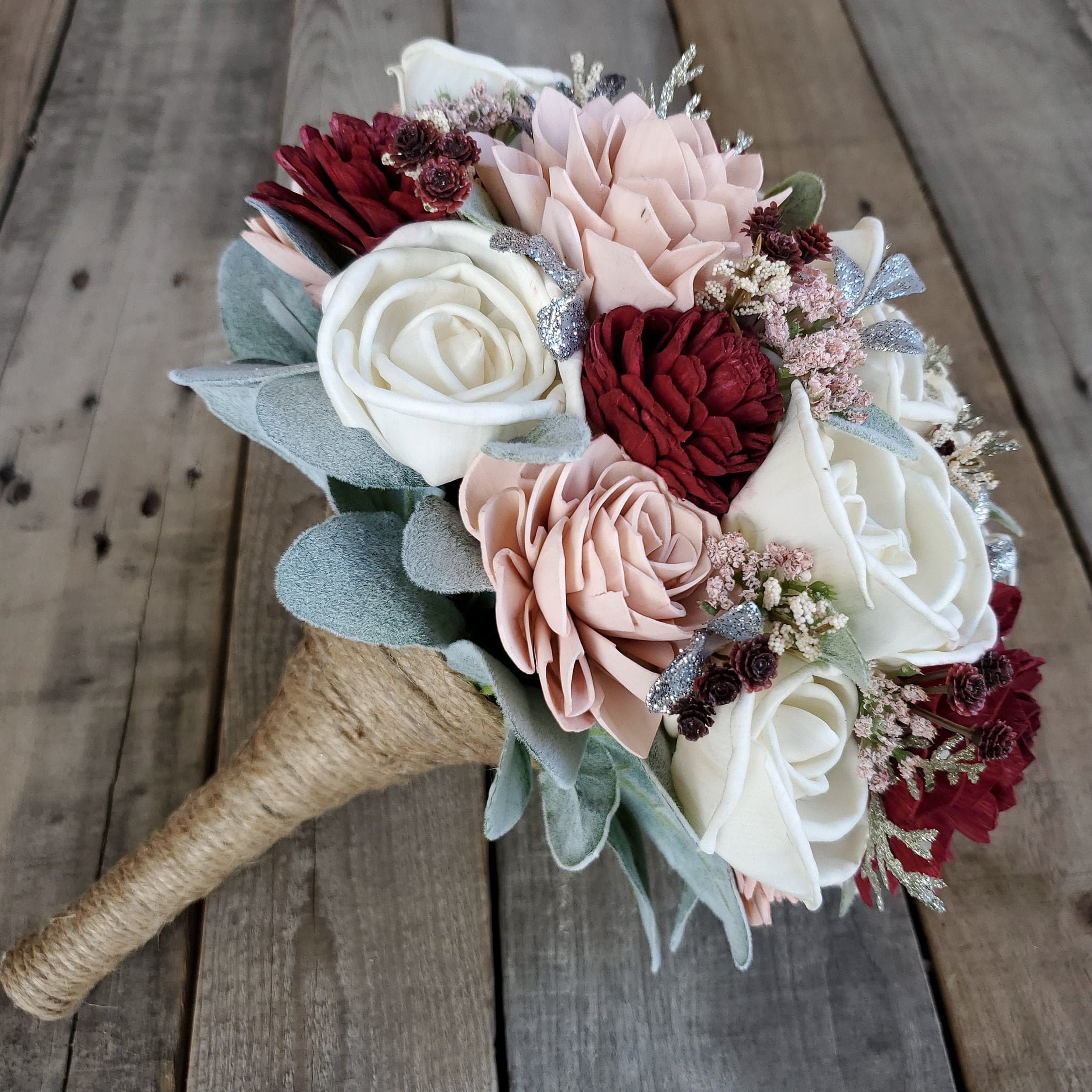 Burgundy and blush bouquet, lambs ear bouquet, selling sola wood flowers