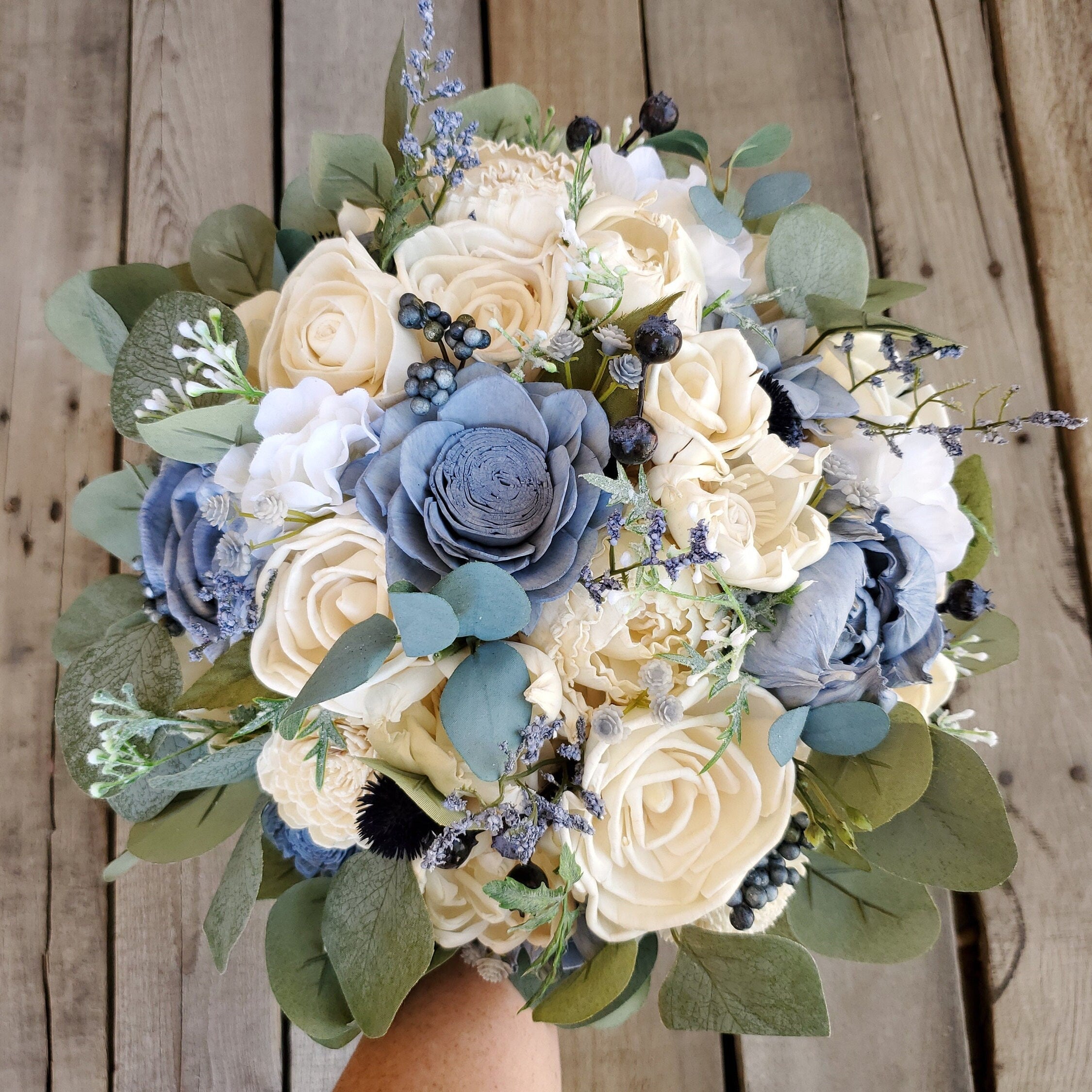 Sola flower bouquet, beach bouquet, turquoise flowers, store dusty rose flowers, wooden wedding bouquet