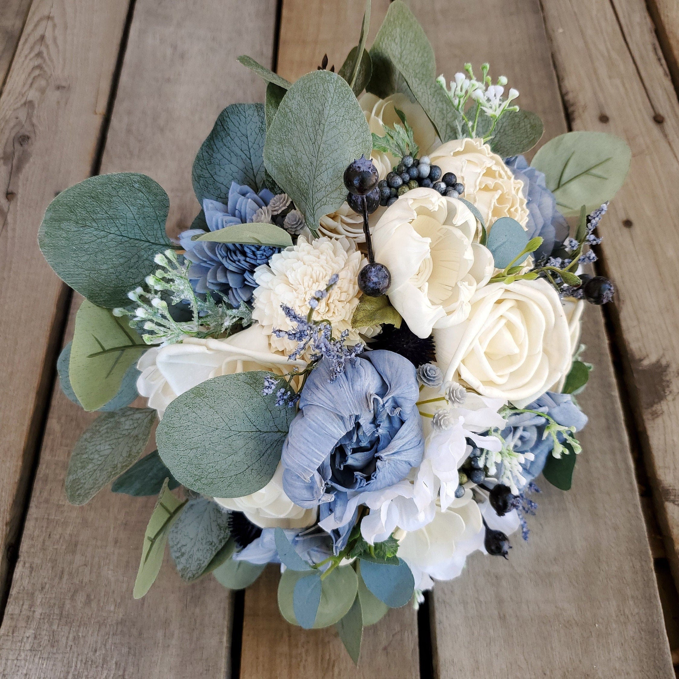 Hydrangea bouquet, high quality Sola Flower, Wooden flower, Steel Blue, Slate Blue, Peach flower, Bridal Bouquet, Wooden Bouquet, Everlasting Bouquet