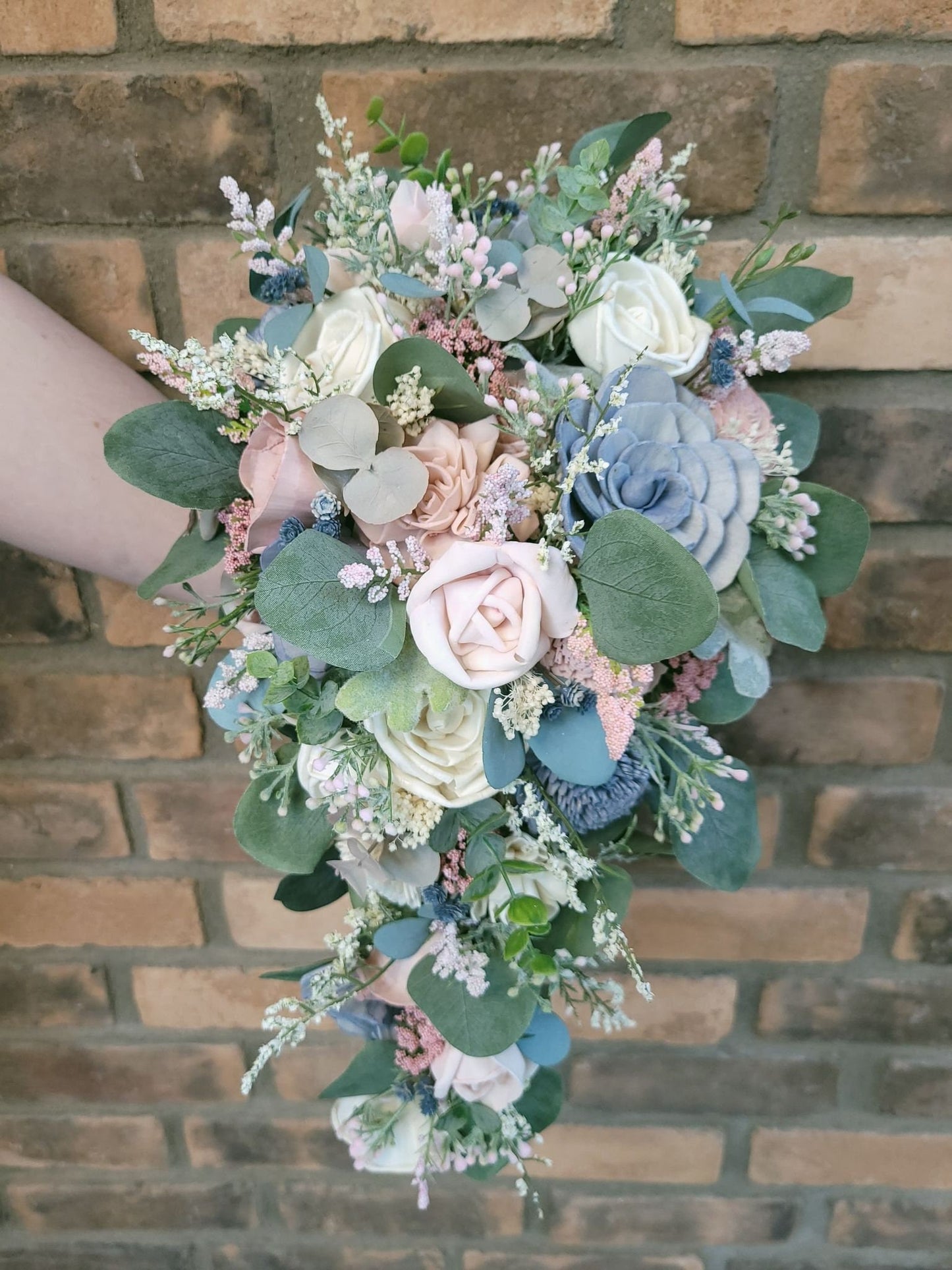 Wood Flower Bouquet, Dusty Blue and Pink Wedding Bouquet, Slate Blue Bridal Flowers, Wood Flowers Bridal Bouquet