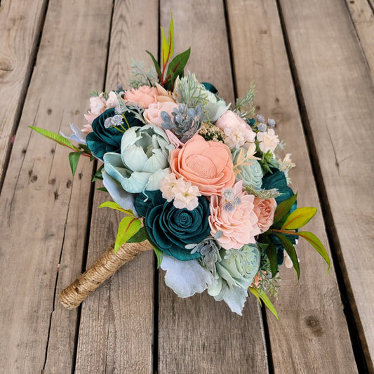 Wood Flower Bouquet, Dark Teal Bridal Bouquet, Wooden Flower Bouquet, Peach & Teal Wedding Bouquets, Wood Wedding Flowers