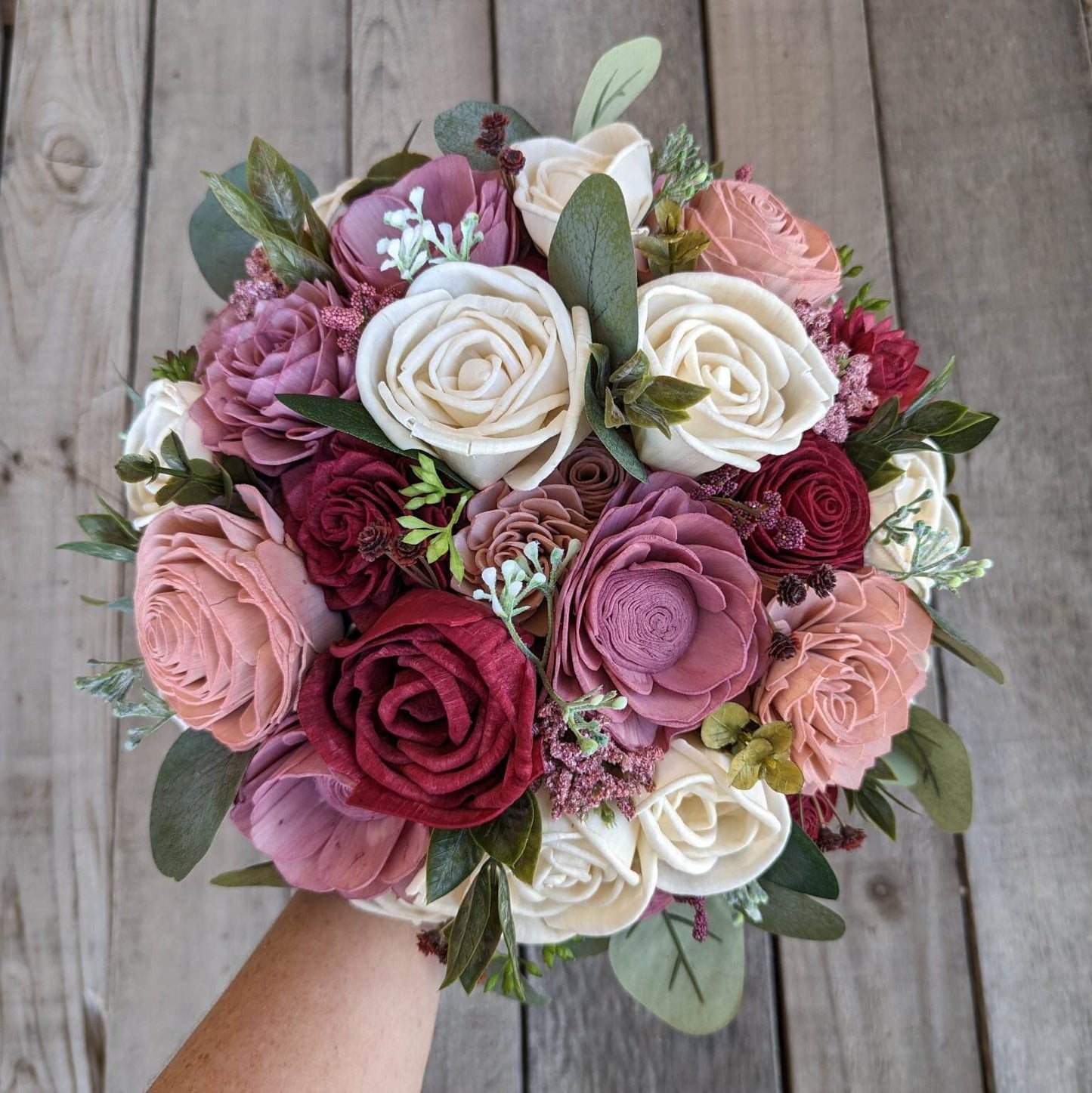 Wood Flower Bouquet with Burgundy & Dusty Rose Wooden Flowers, Burgundy Bridal Bouquet, Wood Wedding Flowers, Mauve Bride Bouquet